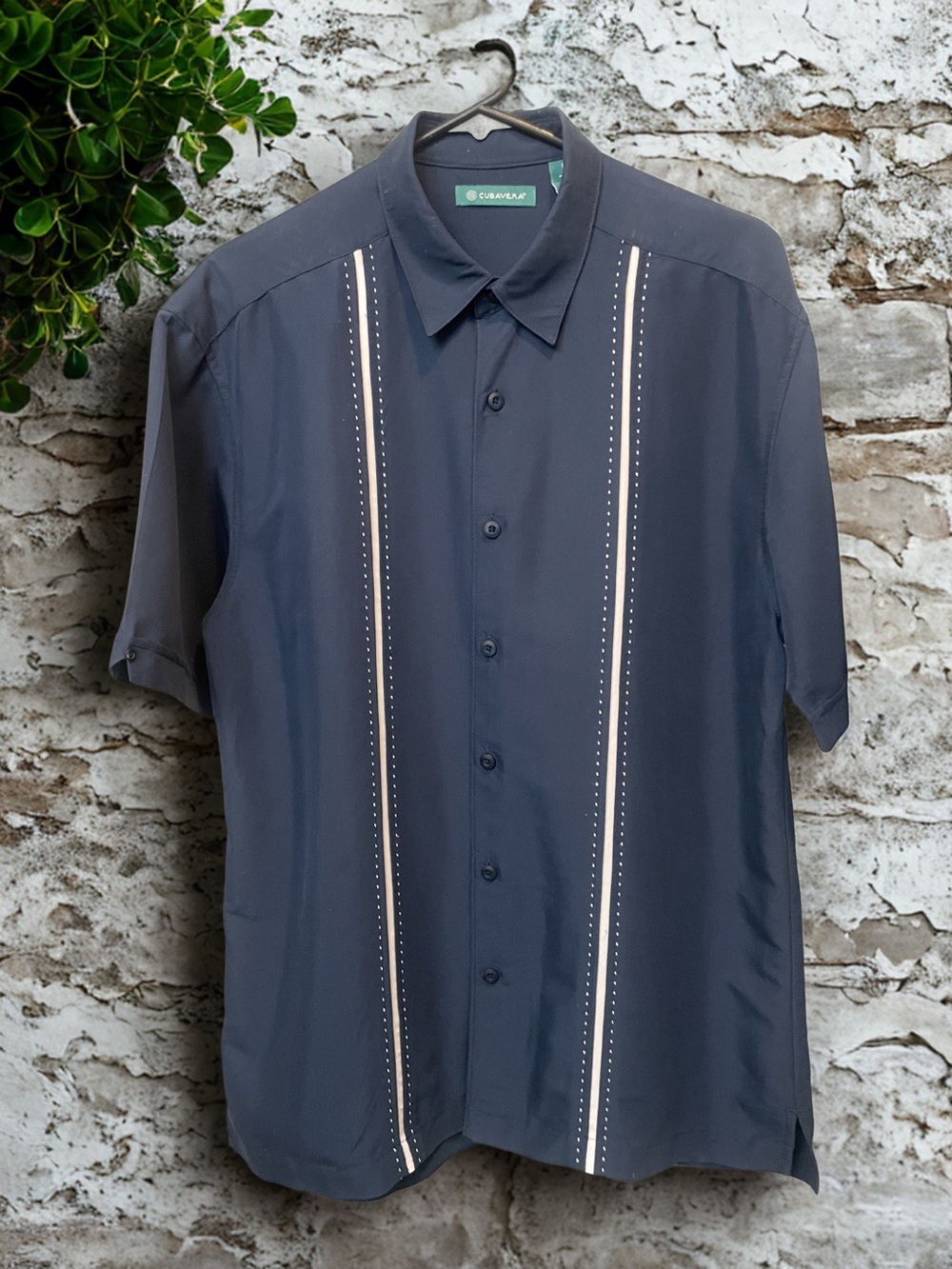 Cubavera Men's Navy Short-Sleeve Button-Down with Ivory Stitch Panels